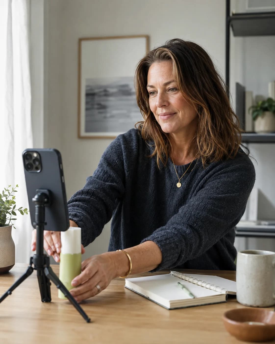 A woman creator filming a product video at her home workspace
